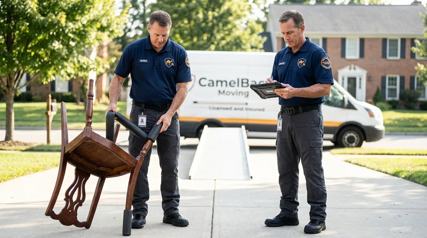 Movers inspecting furniture for damage prevention before loading in Ogden, UT
