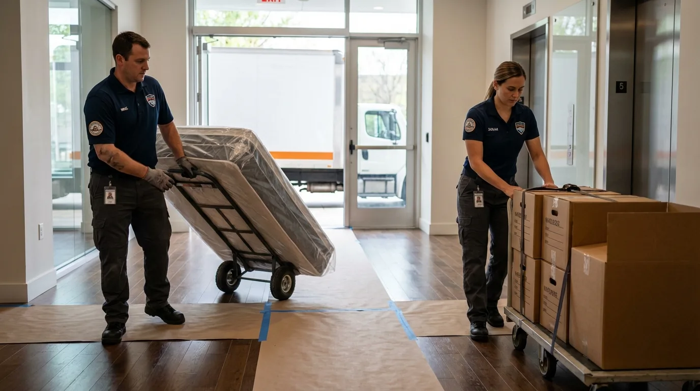 Professional apartment movers loading elevator in Ogden, UT