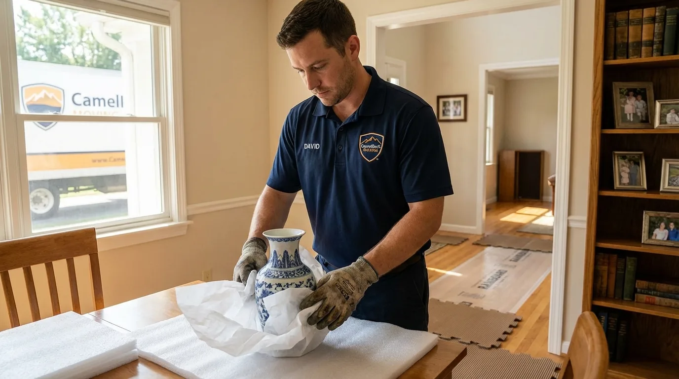 Professional crew carefully wrapping antique vase for senior downsizing move in Ogden, UT